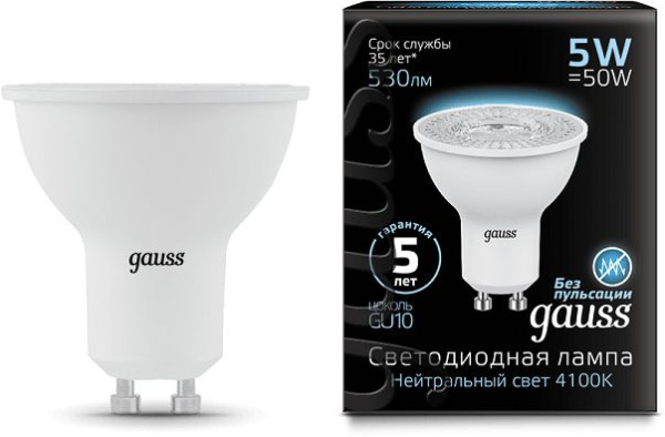 Лампа светодиодная Gauss Black 5Вт цок.:GU10 рефлек. 220B 4100K св.свеч.бел.нейт. MR16 (упак.:10шт) (101506205)