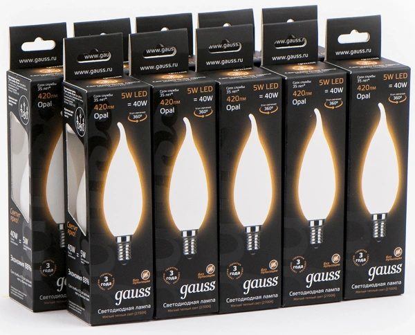 Лампа филам. Gauss Filament 5Вт цок.:E14 (упак.:10шт) свеча 220B св.свеч.бел.теп. (104201105)