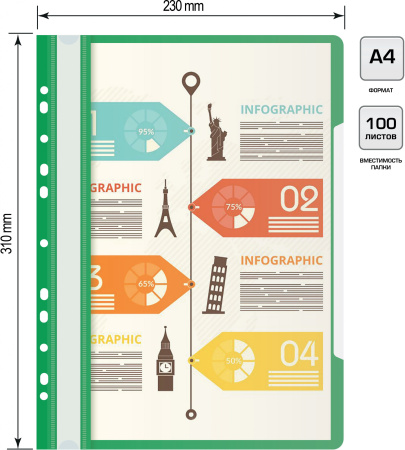 Папка-скоросшиватель Бюрократ PS-P20GRN A4 прозрач.верх.лист боков.перф. пластик зеленый