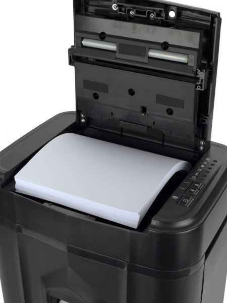 Шредер Heleos АП20-4 черный с автоподачей (секр.P-4) фрагменты 131лист. 20лтр. скрепки скобы пл.карты