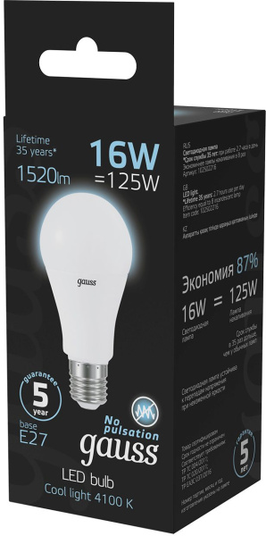 Лампа светодиодная Gauss A60 16Вт цок.:E27 груша 220B 4100K св.свеч.бел.нейт. (упак.:1шт) (102502216)