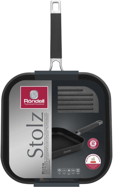 Сковорода-гриль Rondell Stolz RDA-1769 квадратная 26см покрытие: Xylan Plus ручка несъемная (без крышки) серый