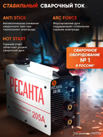 Сварочный аппарат Ресанта САИ205 инвертор ММА DC 7.3кВт