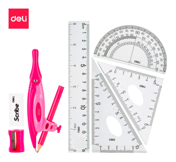 Набор для чертежей Deli EG30001 пластик в компл.:линейка/транспортир/2 угольника/карандаш/ластик/точилка/циркуль