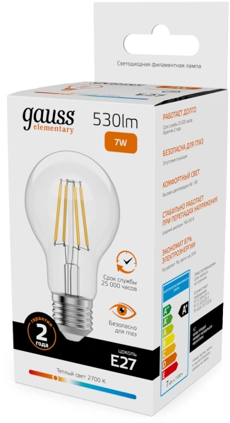 Лампа филам. Gauss Filament 7Вт цок.:E27 груша 220B св.свеч.бел.теп. (упак.:10шт) (22217)
