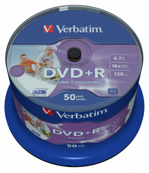 Диск DVD+R Verbatim 4.7Gb 16x Cake Box (50шт) Printable (43512)