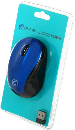 Мышь Оклик 665MW черный/синий оптическая (1600dpi) беспроводная USB для ноутбука (4but)