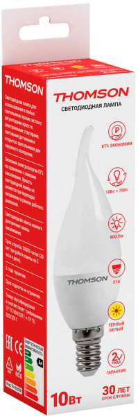 Лампа светодиодная Thomson TH-B2029 10Вт цок.:E14 свеча 220B 3000K св.свеч.бел.теп. Tail Candle (упак.:1шт)