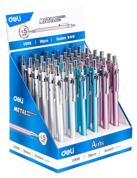 Карандаш мех. Deli EU999 Arris 0.5мм металл ассорти дисплей ластик