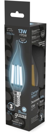 Лампа филам. Gauss Filament 13Вт цок.:E14 свеча 220B св.свеч.бел.нейт. (упак.:10шт) (104801213)