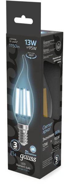 Лампа филам. Gauss Filament 13Вт цок.:E14 свеча 220B св.свеч.бел.нейт. (упак.:10шт) (104801213)