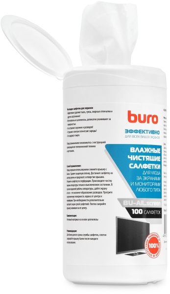 Салфетки Buro BU-All_screen для экранов мониторов/плазменных/ЖК телевизоров/ноутбуков туба 100шт влажных