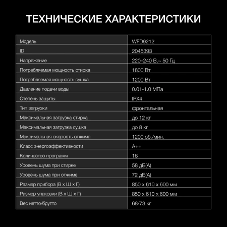 Стиральная машина Hyundai WFD9212 класс: A+++ загр.фронтальная макс.:12кг (с сушкой) белый