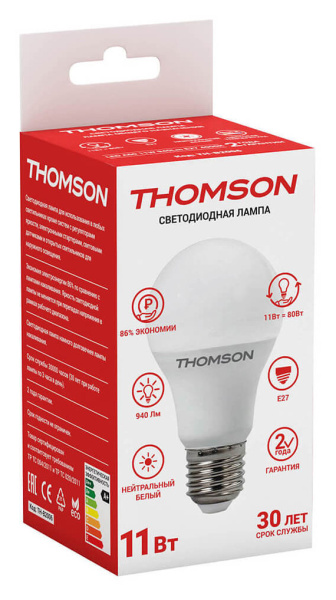 Лампа светодиодная Thomson TH-B2006 11Вт цок.:E27 груша 220B 4000K св.свеч.бел.нейт. A (упак.:1шт)