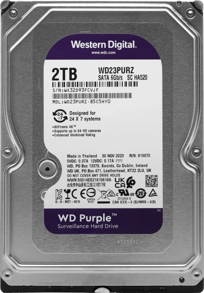 Жесткий диск WD SATA-III 2TB WD23PURZ Surveillance Purple (5400rpm) 64Mb 3.5"