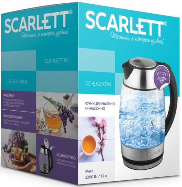 Чайник электрический Scarlett SC-EK27G94 1.7л. 2200Вт нержавеющая сталь (корпус: стекло)