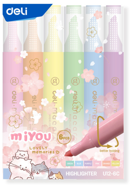 Набор текстовыделителей Deli EU12-6C MiYou скошенный пиш. наконечник 1-5мм 6цв. ассорти пакет с европодвесом (6шт.)