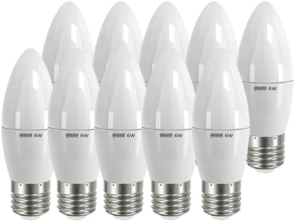 Лампа светодиодная Gauss Elementary 6Вт цок.:E27 свеча 220B 4100K св.свеч.бел.нейт. C37 (упак.:10шт) (33226)