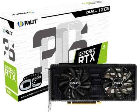 Видеокарта Palit PCI-E 4.0 PA-RTX3060 DUAL OC 12G NVIDIA GeForce RTX 3060 12288Mb 192 GDDR6 1320/15000 HDMIx1 DPx3 HDCP Ret
