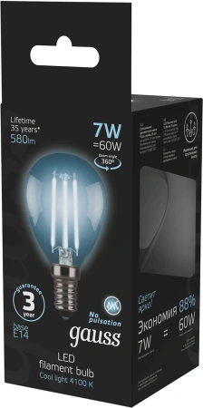 Лампа светодиодная Gauss Filament 7Вт цок.:E14 шар 220B св.свеч.бел.нейт. P45 (упак.:10шт) (105801207)