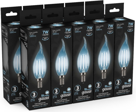 Лампа филам. Gauss Filament 7Вт цок.:E14 свеча 220B 4100K св.свеч.бел.нейт. CF35 (упак.:1шт) (104801207)