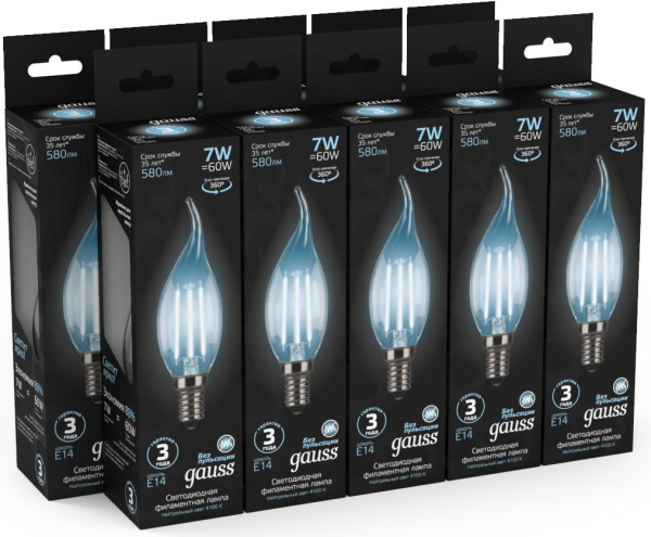 Лампа филам. Gauss Filament 7Вт цок.:E14 свеча 220B 4100K св.свеч.бел.нейт. CF35 (упак.:1шт) (104801207)
