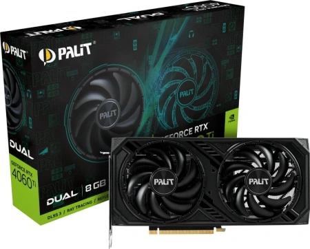 Видеокарта Palit PCI-E 4.0 RTX4060TI DUAL NVIDIA GeForce RTX 4060TI 8Gb 128bit GDDR6 2310/18000 HDMIx1 DPx3 HDCP Ret