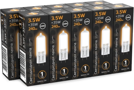 Лампа светодиодная Gauss G4 3.5Вт цок.:G4 капсул. 220B св.свеч.бел.теп. (упак.:10шт) (107807103)