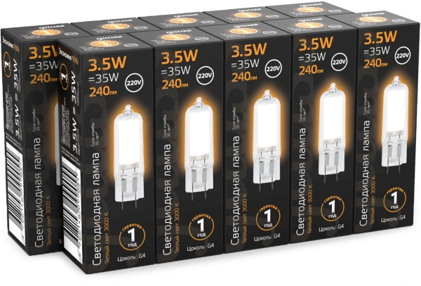 Лампа светодиодная Gauss G4 3.5Вт цок.:G4 капсул. 220B св.свеч.бел.теп. (упак.:10шт) (107807103)
