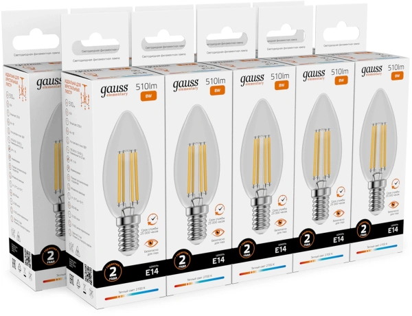 Лампа филам. Gauss Filament 8Вт цок.:E14 свеча 220B св.свеч.бел.теп. (упак.:10шт) (32118)