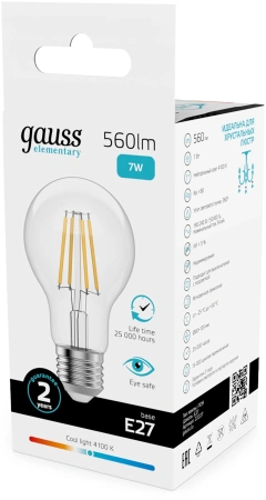 Лампа филам. Gauss Filament 7Вт цок.:E27 груша св.свеч.бел.нейт. (упак.:10шт) (22227)