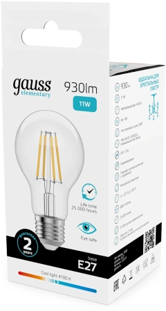 Лампа филам. Gauss Filament 11Вт цок.:E27 груша 220B св.свеч.бел.нейт. (упак.:10шт) (22221)