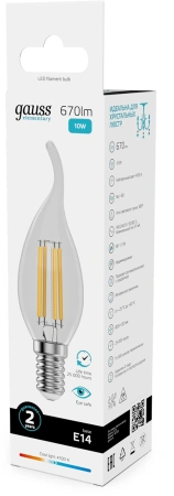 Лампа филам. Gauss Filament 10Вт цок.:E14 свеча св.свеч.бел.нейт. (упак.:10шт) (42120)
