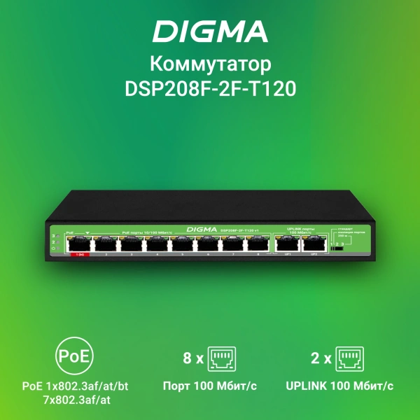 Коммутатор Digma DSP208F-2F-T120 DSP208F-2F-T120 V1 10x100Мбит/с 8PoE 8PoE+ 1PoE++ 120W неуправляемы