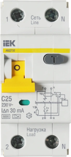 Выключатель автом. дифф. тока IEK MAD22-5-025-C-30 АВДТ 32 25A тип C 6kA 30мА A 1П+Н 230В 2мод белый (упак.:1шт)