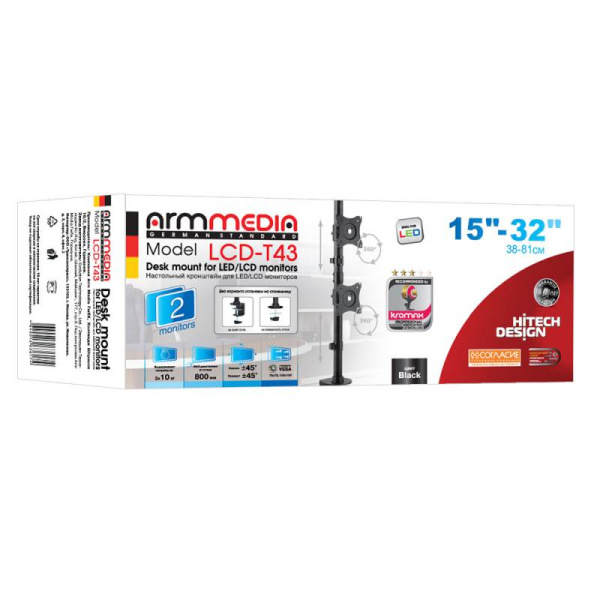 Кронштейн для мониторов Arm Media LCD-T43 черный 15"-32" макс.20кг настольный поворот и наклон верт.перемещ.