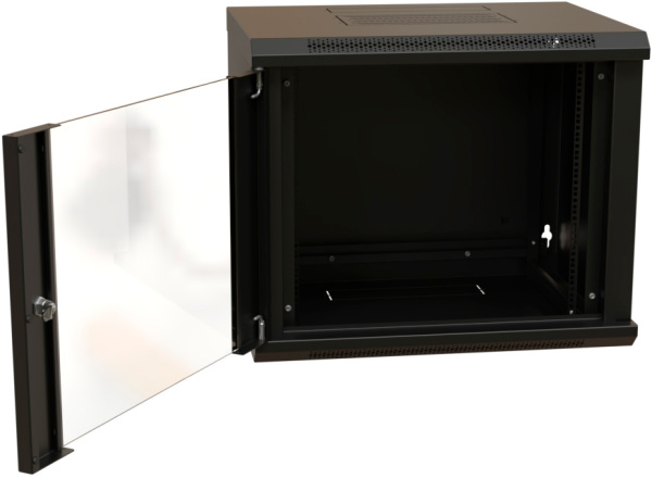 Шкаф коммутационный WRline (WR-TW-1566-GP-RAL9004) настенный 15U 600x600мм пер.дв.стекл 2 бок.пан. направл.под винты 60кг черный 520мм 775мм IP20 сталь