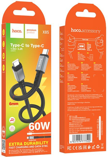 Кабель Hoco X85 Type-C to Type-C USB Type-C-USB Type-C 1м черный