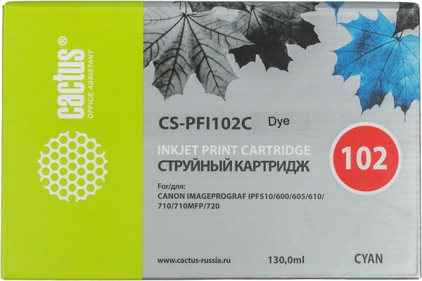 Картридж струйный Cactus CS-PFI102C PFI-102C синий (130мл) для Canon IP iPF500/iPF600/iPF700/ MFP M40/iPF765/LP17/LP24