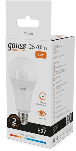 Лампа светодиодная Gauss Globe Elementary 35Вт цок.:E27 (упак.:10шт) груша 220B св.свеч.бел.теп. А67