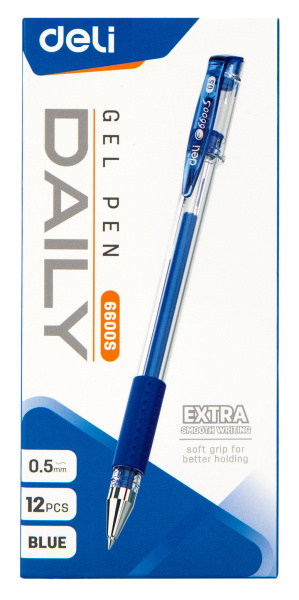 Ручка гелев. Deli Daily E6600SBlue прозрачный d=0.5мм син. черн. резин. манжета