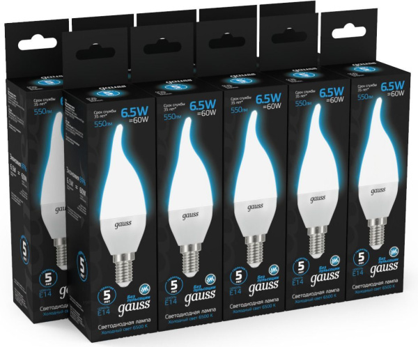 Лампа светодиодная Gauss 104101307 6.5Вт цок.:E14 свеча 220B 6500K св.свеч.бел.хол. (упак.:10шт)