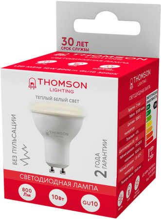 Лампа светодиодная Thomson TH-B2055 10Вт цок.:GU10 полусф. 220B 3000K св.свеч.бел.теп. MR16 (упак.:1шт)