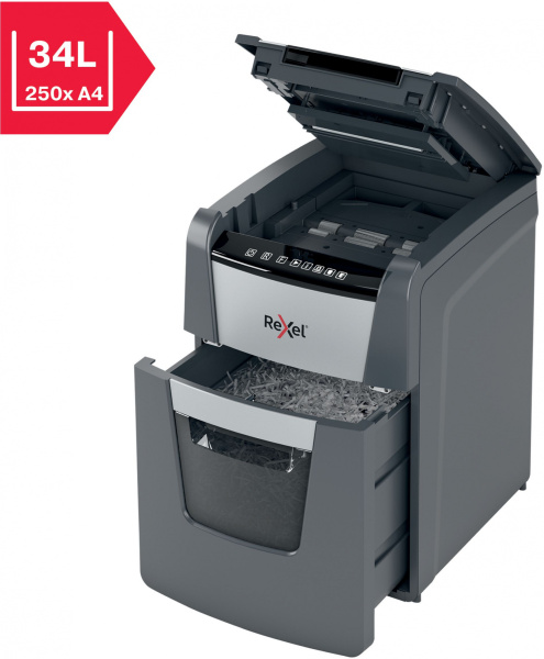 Шредер Rexel Optimum AutoFeed 90X черный с автоподачей (секр.P-4) фрагменты 90лист. 34лтр. скрепки скобы пл.карты