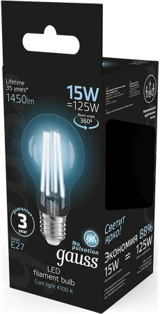 Лампа светодиодная Gauss Filament 102902215 15Вт цок.:E27 груша 220B св.свеч.бел.нейт. (упак.:10шт)
