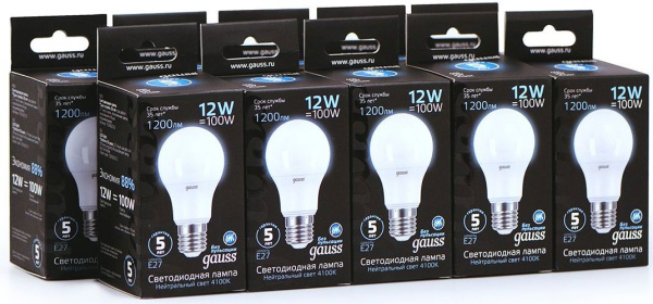 Лампа светодиодная Gauss A60 12Вт цок.:E27 шар 220B 4100K св.свеч.бел.нейт. A60 (упак.:10шт) (102502212)
