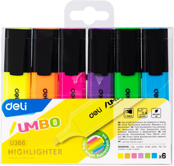 Набор текстовыделителей Deli EU366-MT Jumbo скошенный пиш. наконечник 1-5мм 6цв. ассорти пакет с европодвесом (6шт.)
