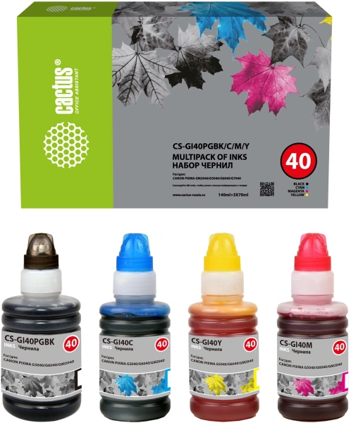 Чернила Cactus CS-GI40PGBK/C/M/Y голубой/пурпурный/желтый/черный набор 4x350мл для Canon Pixma G5040/G6040/GM2040
