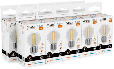 Лампа филам. Gauss Filament 12Вт цок.:E27 шар 220B св.свеч.бел.теп. (упак.:10шт) (52212)