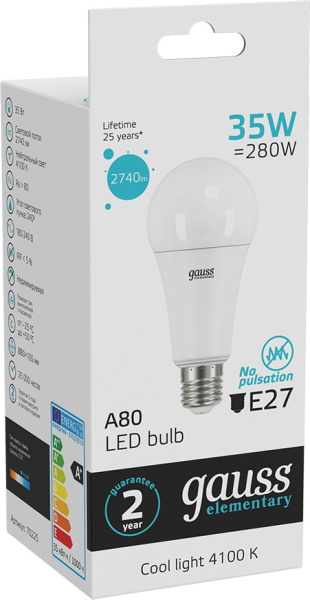 Лампа светодиодная Gauss Elementary A67 35Вт цок.:E27 (упак.:10шт) груша 220B св.свеч.бел.нейт. А67